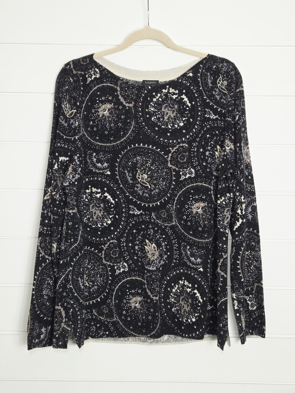 Talbots Pure Merino Wool Black Paisley Medallion Long-Sleeve Top Sweater size XL